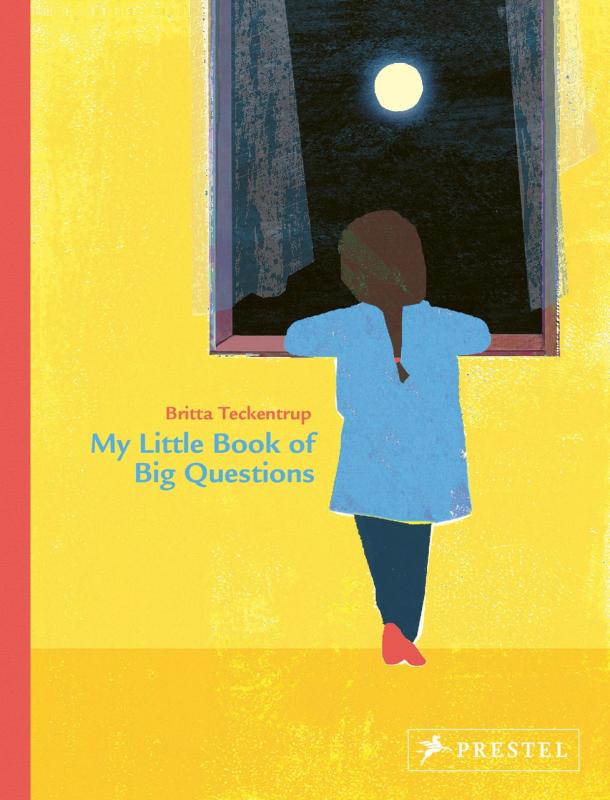 kid looks out at the moon through a window, in a yellow room