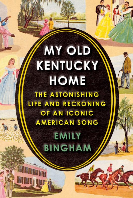 six old timey images of Kentucky around a black circle containing the info text