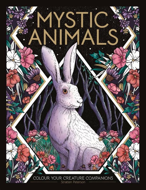 rabbit among geometrical shapes full of flowers