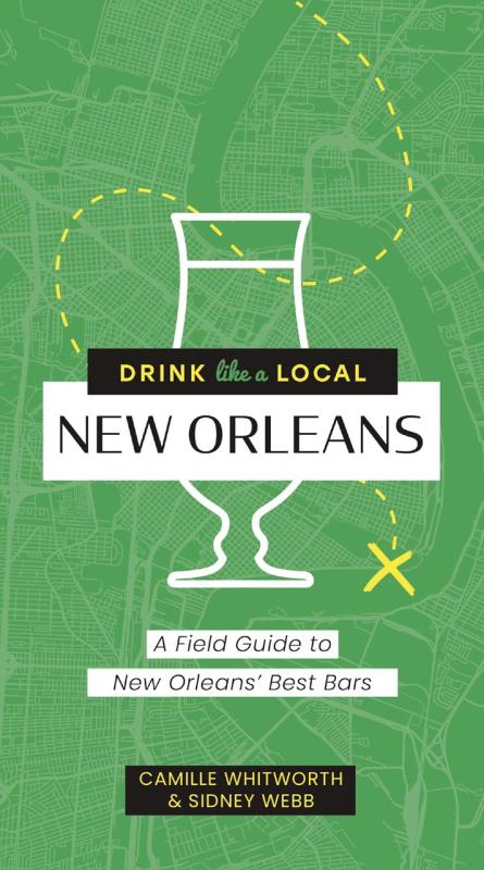 topographic background of New Orleans with a central image of a glass with the info text