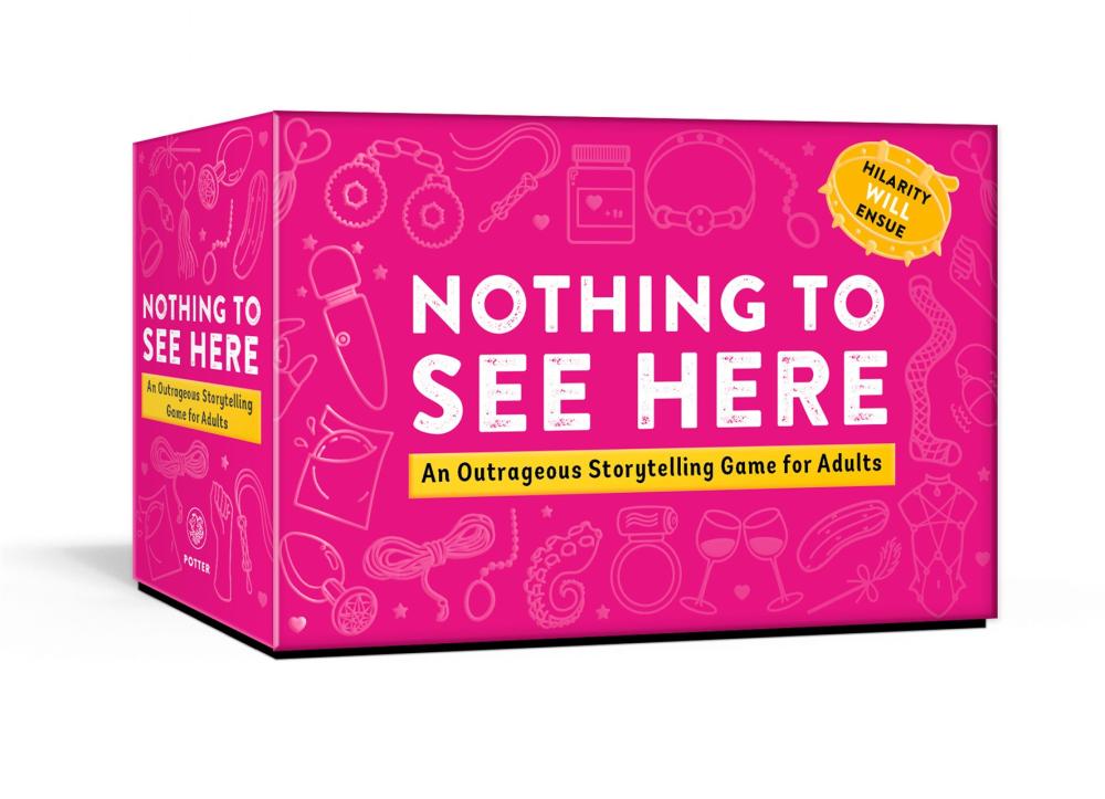pink box with many motifs of different objects over a white background