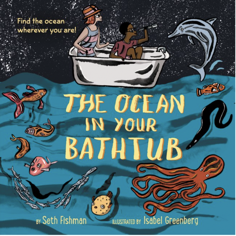 two kids exploring the ocean in a bathtub with sea creatures swimming below