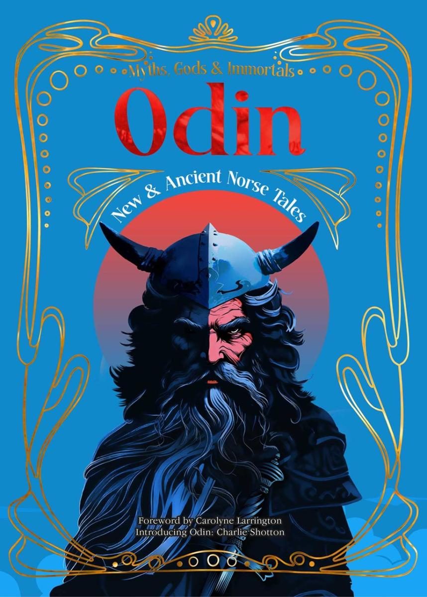 two tone portrait of Odin, one part shadowed, wearing a horned helmet, over a blue background with gilt bordering