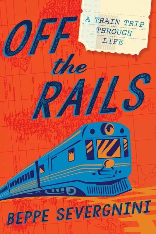 Orange cover with title and image of train in blue