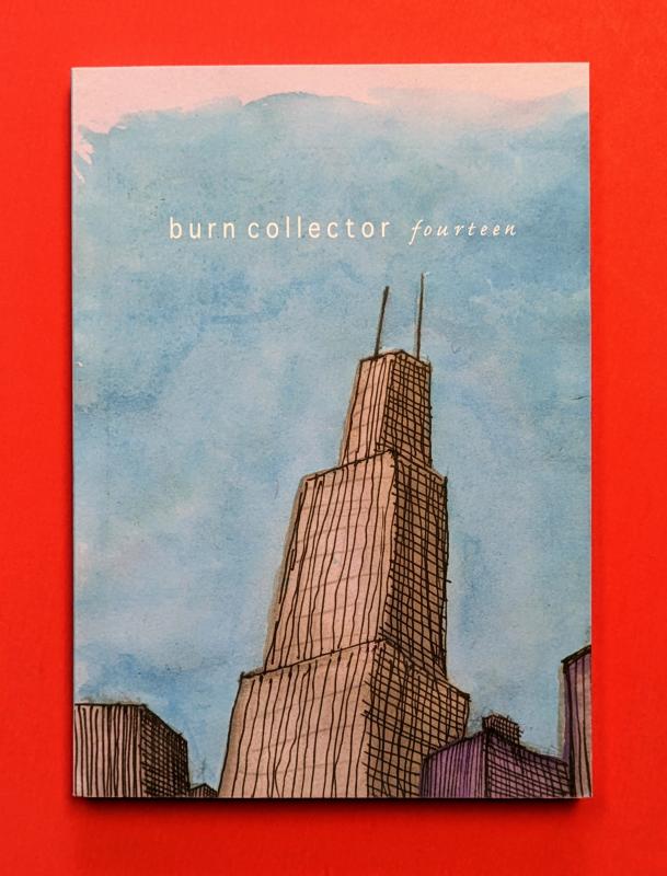 A blue book/zine with an illustration of a very tall skyscraper