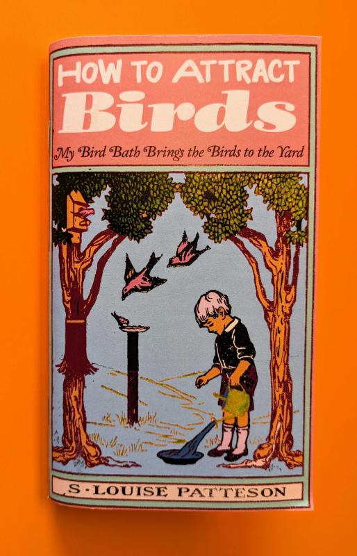 an old timey illustration of two trees and a child standing between them looking down at a bird bath with three birds flitting about