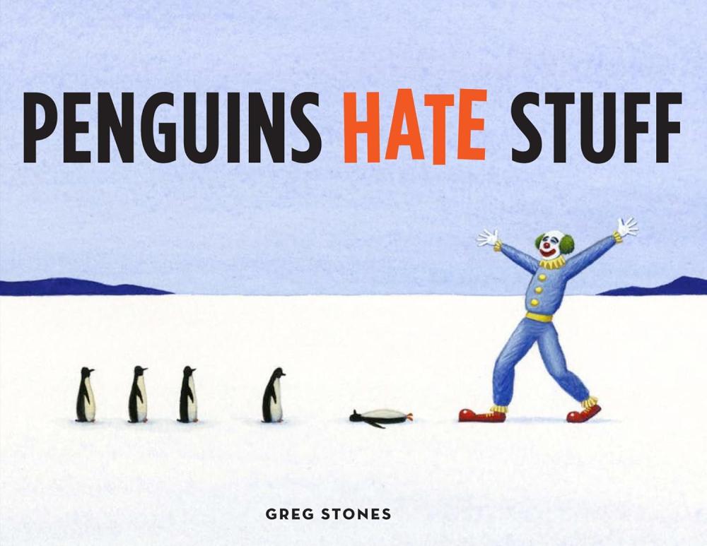 penguins in a line, running into a clown, with the leader tipped over, over a snowy landscape