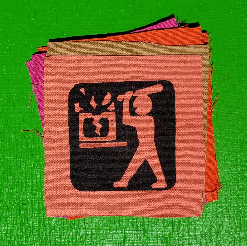 patch with image of person destroying a TV with a bat