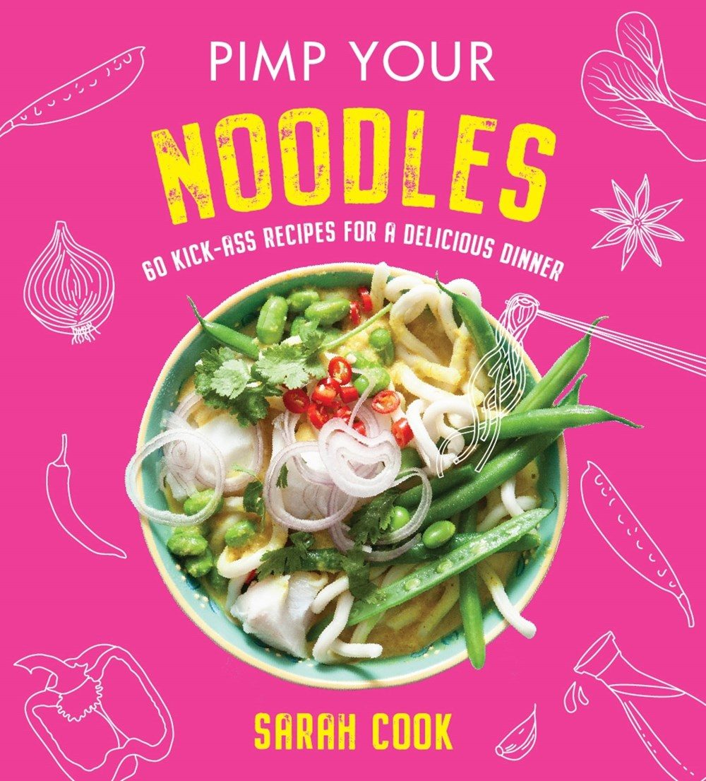 top-down view of a noodle bowl, over a pink background with ingredient motifs