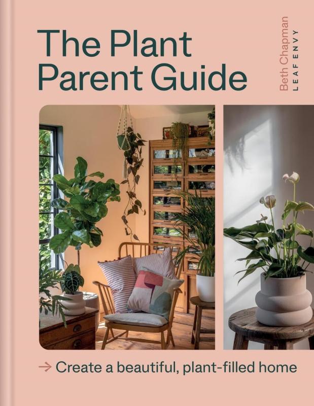 Two images of plants--one of a cozy living room with three plants including a hanging plant, the other with a stool with a plant