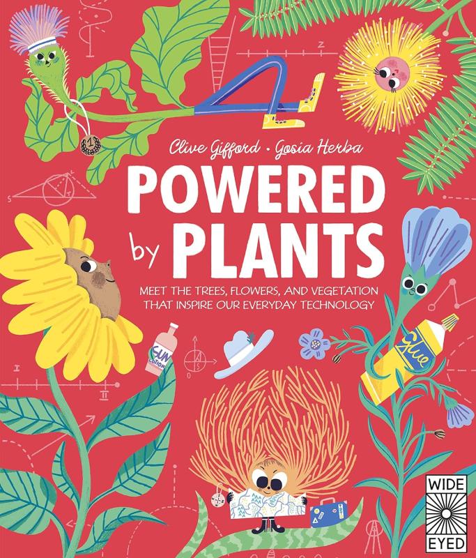 plants characters with faces around schematics in red and grey background