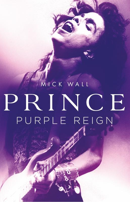 Purple photo of Prince playing guitar.