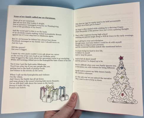 page spread with images in the corners, presents on the left, christmas tree on the right