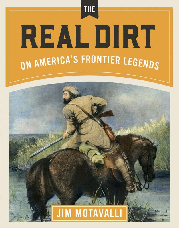 An illustration of a scruffy frontiersman, sitting on a horse holding a gun. He is looking over his shoulder intently. 