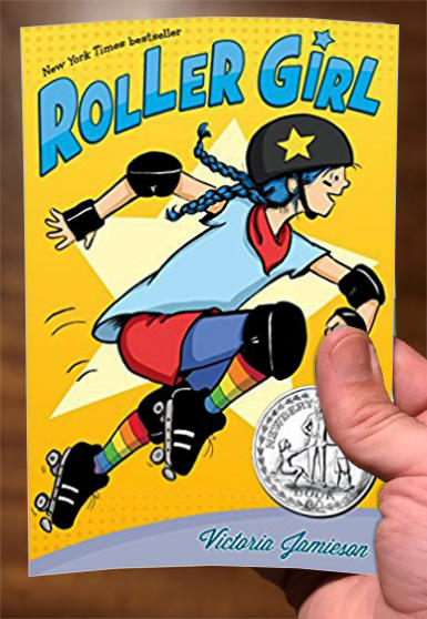 Bright yellow background with a young girl in roller skates and rainbow socks confidently skating forward