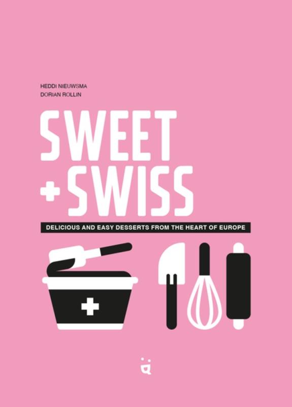 Pink book cover featuring simple black and white illustrations of baking tools.