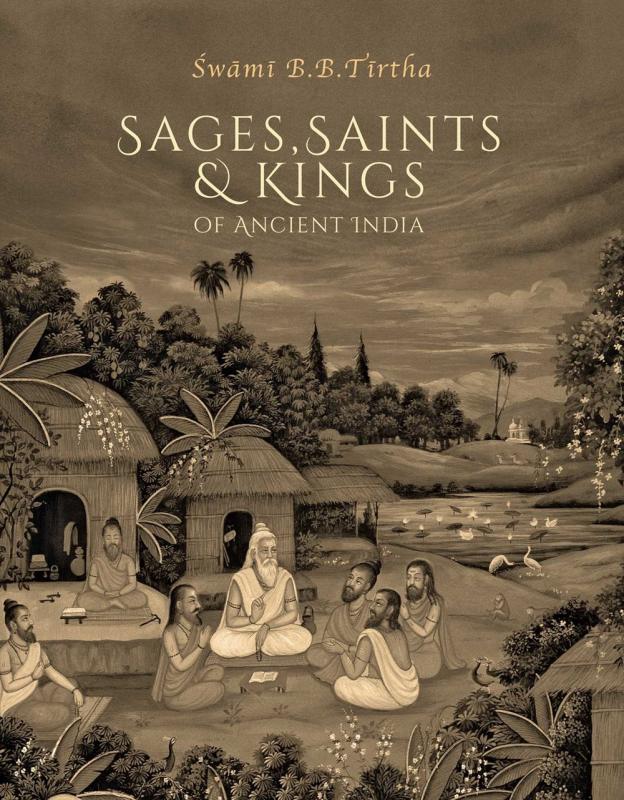 sages sitting in a circle, all over sepia toned imagery and a landscape