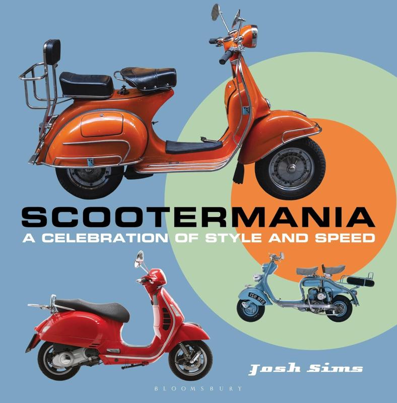 Three scooters around two overlapped circles of different colors over a blue background