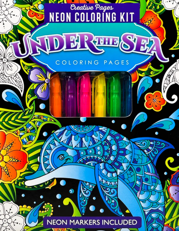 colorful illustration of a dolphin and pack of markers