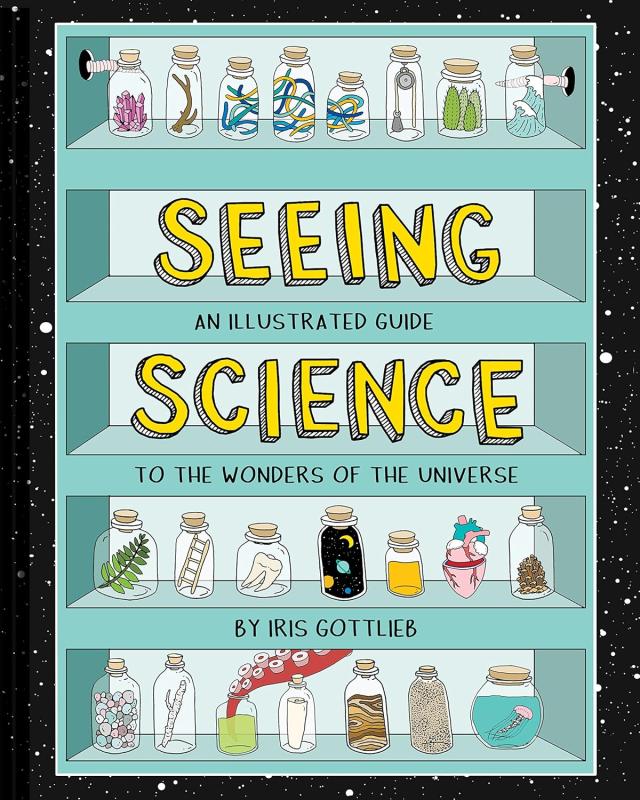 shelf of jars with sciencey motifs over a starry background