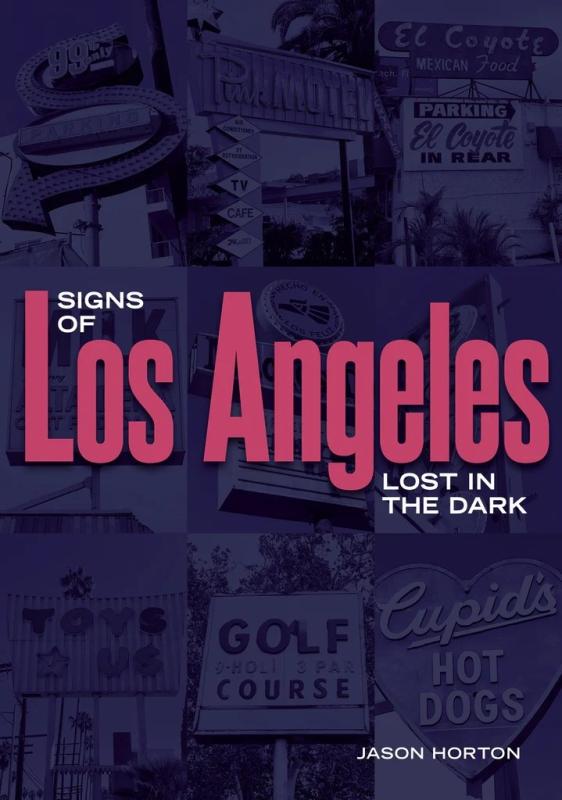 Dark collage of signage over which the title in mottled pink