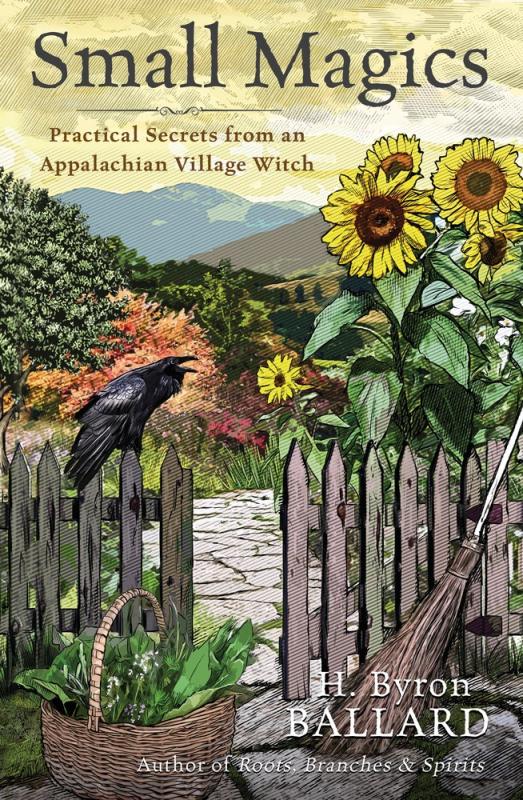 yard and fence with sunflowers, a crow, and a basket, with mountains in the background