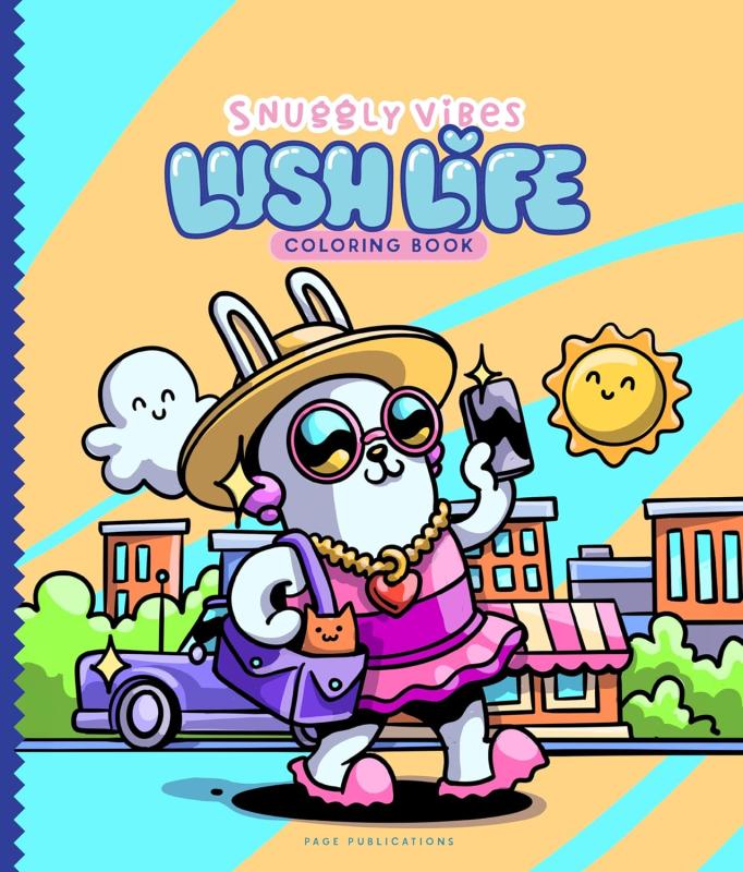 Happy rabbit in a dress and hat and glasses with a purse with a cat and a smartphone, with a happy sun and cloud in the sky