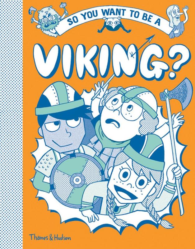 cartoon kids popping out of the orange background, wearing viking helms and axes and shields, with some more figures at the top