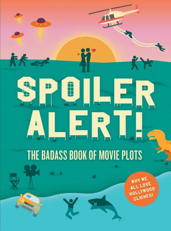 Infographic-like figures around a hollywood like sign depicting movie clichés