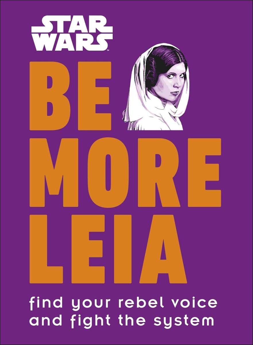 princess Leia over a purple background and an orange text