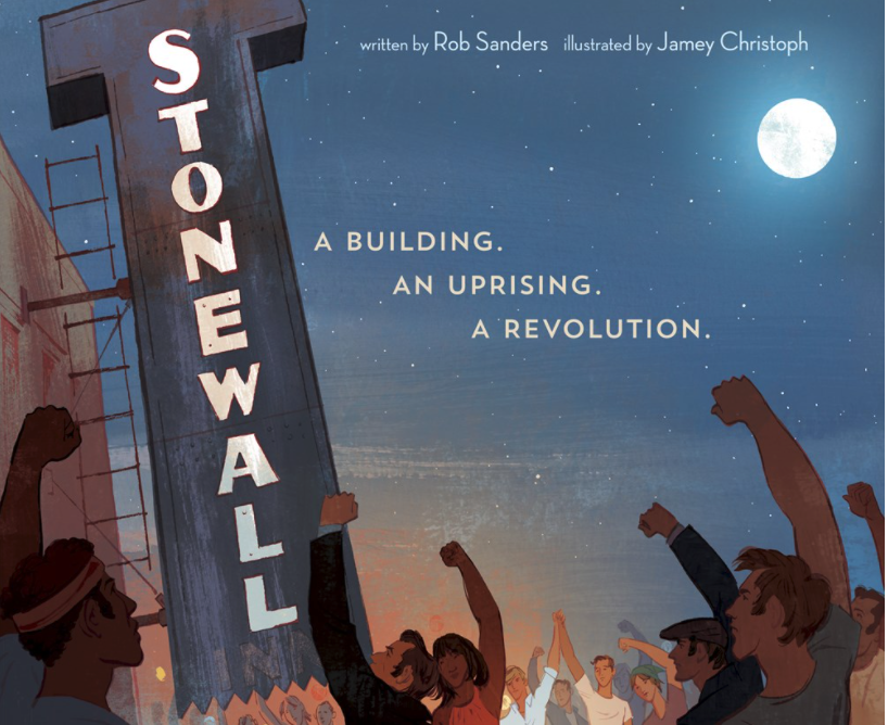illustration of people with protesting, fists in the air, in front of the Stonewall sign at night