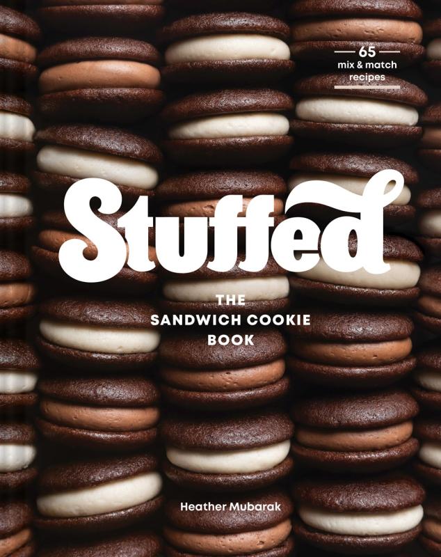 stacked cookie sandwiches all around with white text