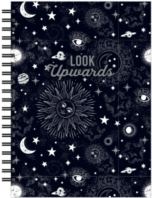 black and white cosmic motifs and a spiral binding
