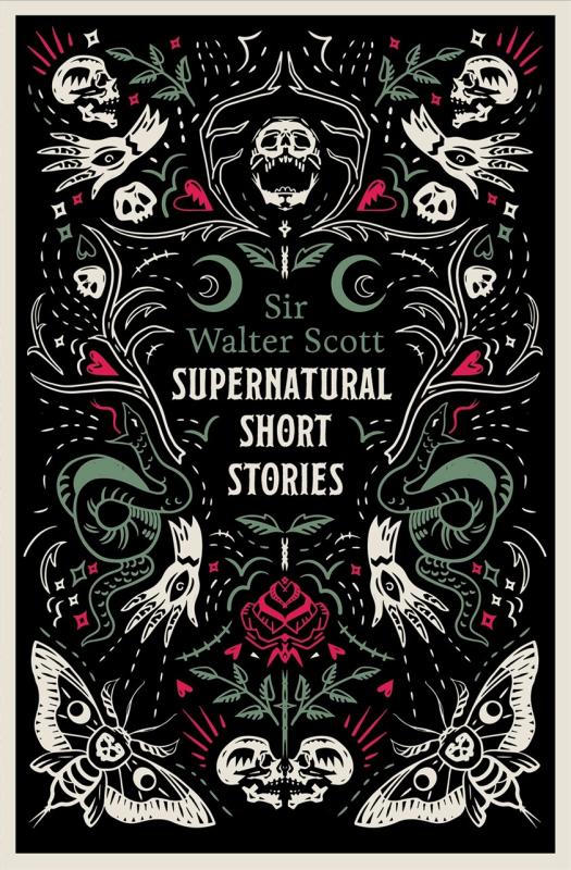 Vertical reflective pattern with spooky motifs of hands, skulls, and figures