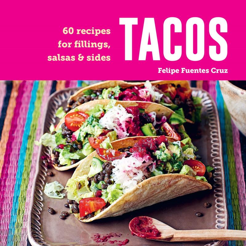 tacos and spoon on a metal platter, over a colorful tablecloth, with a pink banner containing the info text