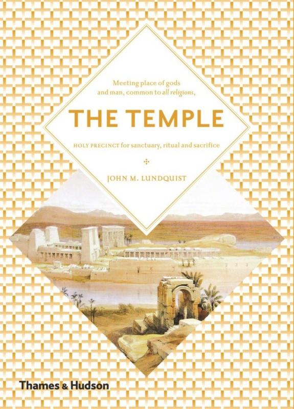 Two overlapping diamonds, the top with the info text, the bottom with an image of a temple over a grid background