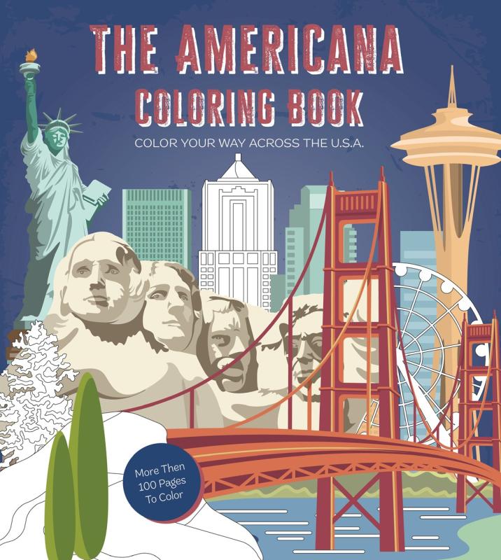 American motifs including Mt Rushmore, the Statue of Liberty, the Golden Gate Bridge, and the Space Needle