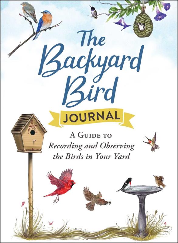Charming cover showing birds flitting about backyard birdhouses and baths.