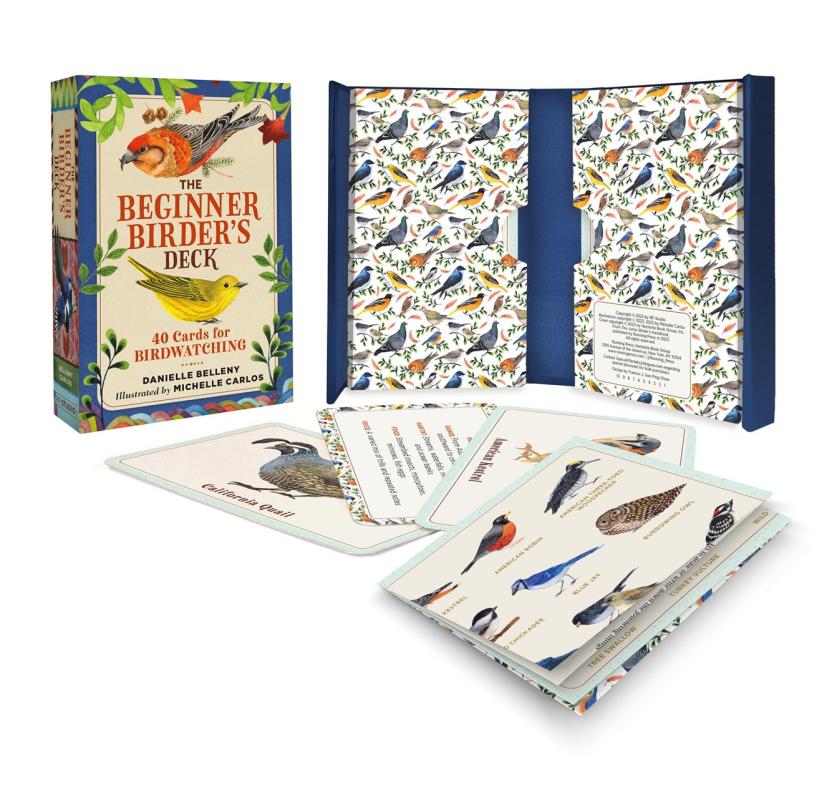 Sample box, patterned carrying case, and spread of cards all featuring birds over a white background