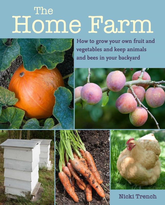 Five photos--of peaches, a pumpkin, bees' nest, carrots, and a chicken