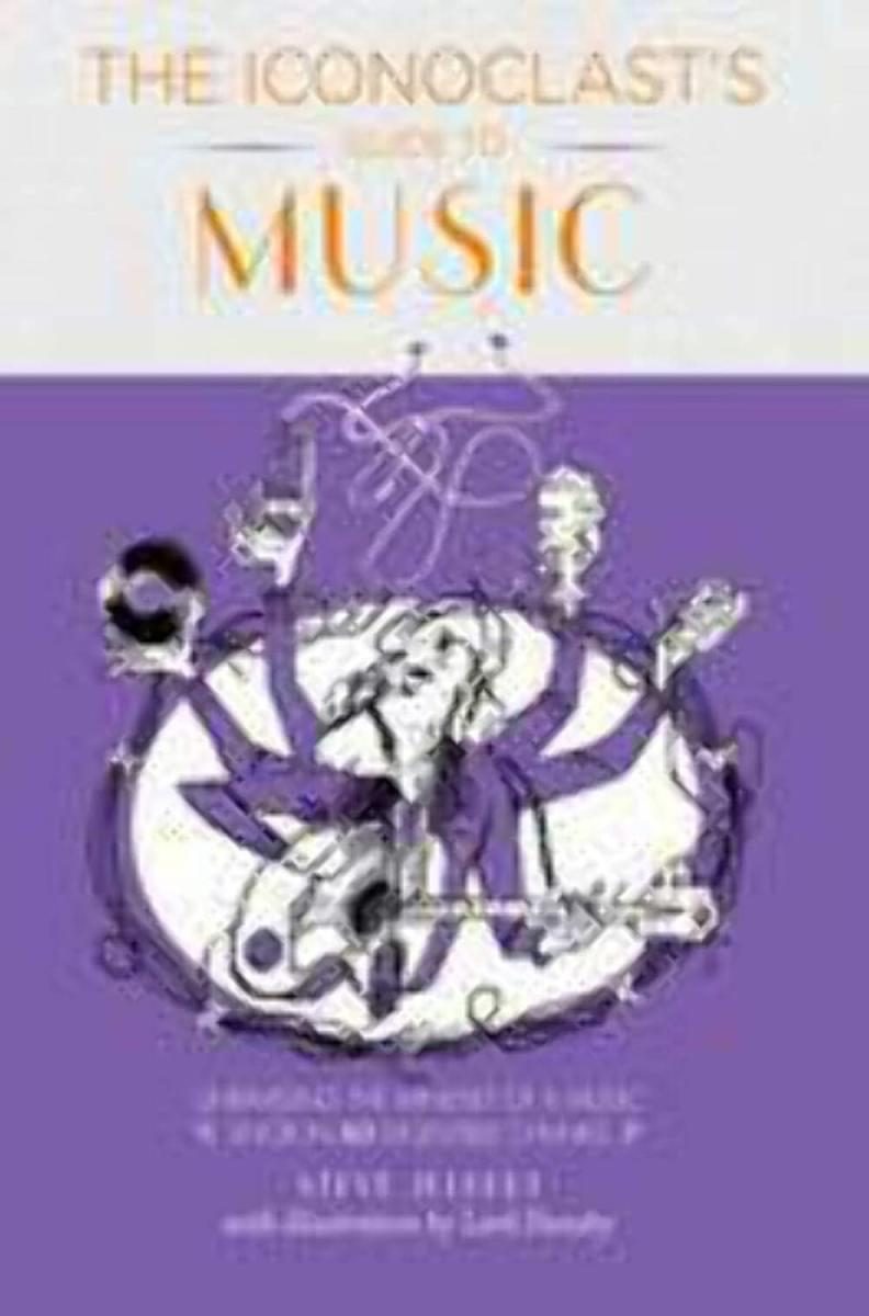 purple and white background with a six armed musician