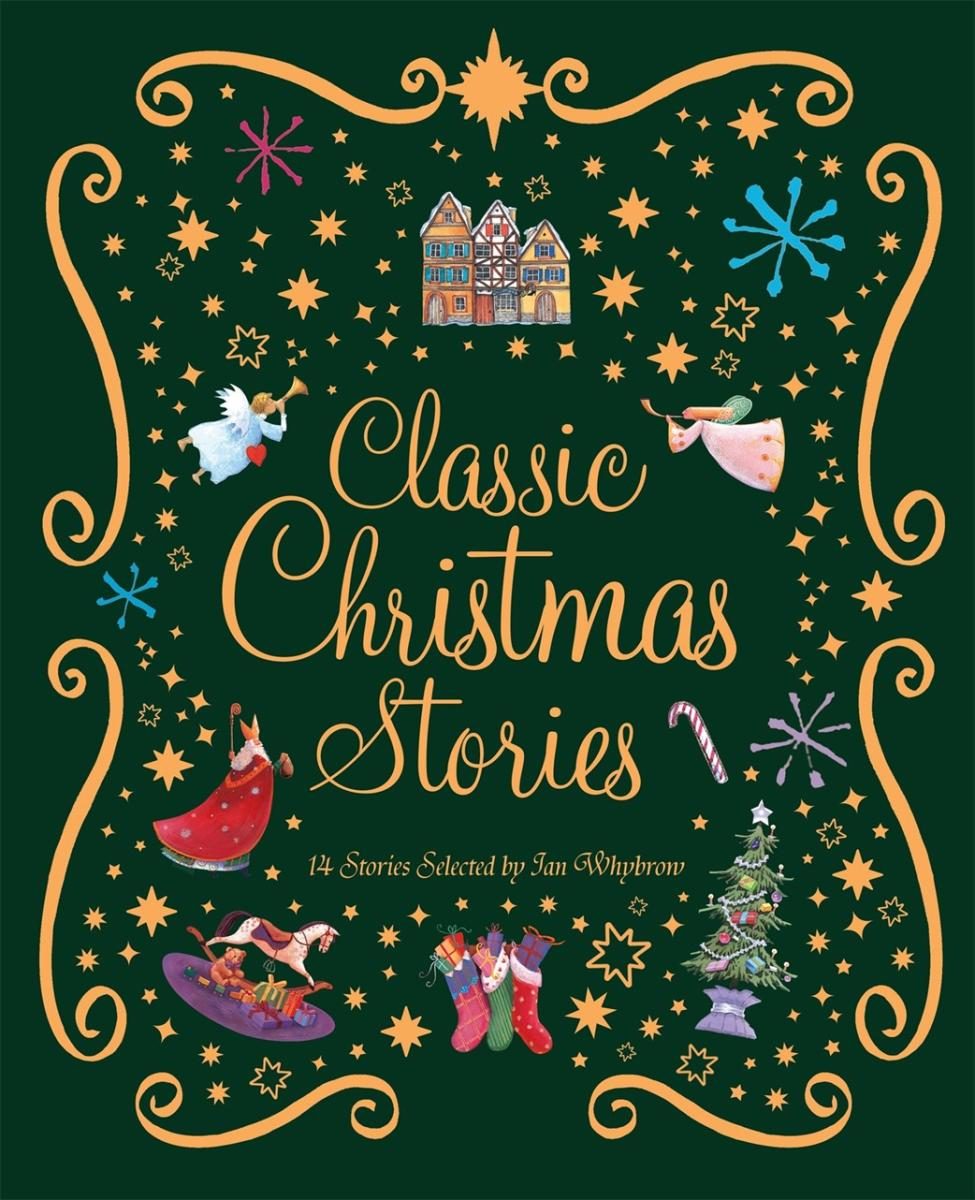 Many Christmas motifs all around multicolored snowflakes and sparkles with some yellow border embellishments 