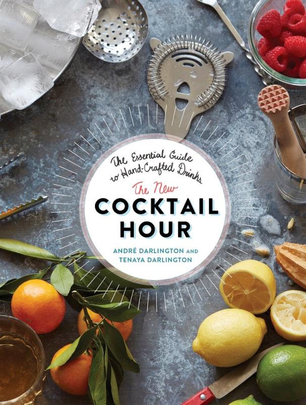 top-down view of a surface with different mixology tools fruity ingredients