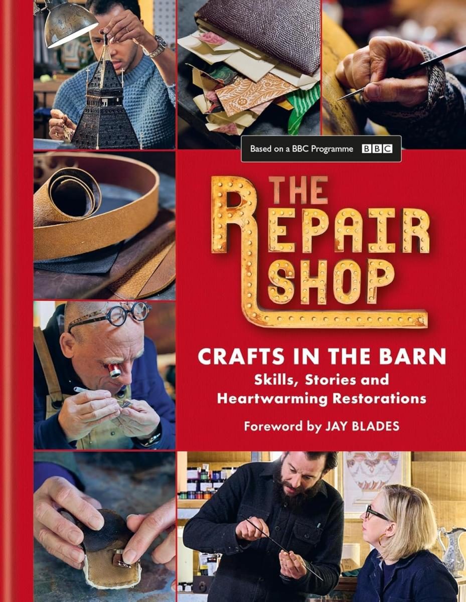 Seven photos of crafts or people crafting around an offset central red square