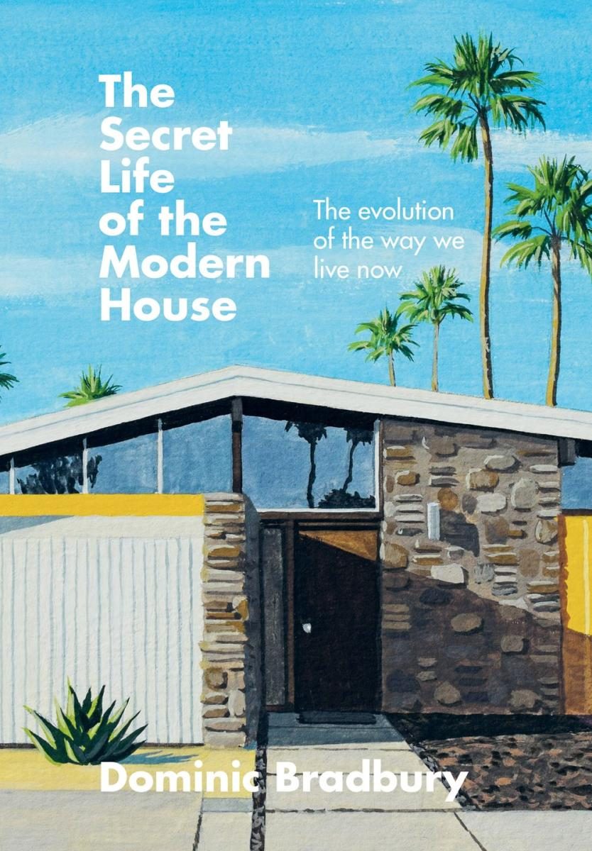 painting of a homefront under a blue sky with palm trees in the background