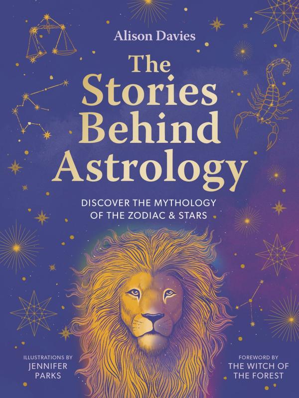 Lion's head with a billowy mane surrounded by constellation shapes over a cosmic purple background