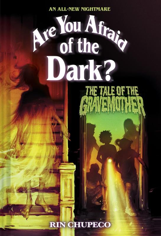 ghost on the staircase, with an adjacent doorway with silhouettes, one shining a flashlight