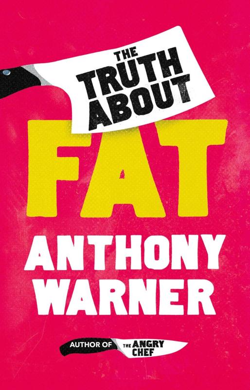 Butcher knife over a yellow puffy lettering with a small paring knife underneath