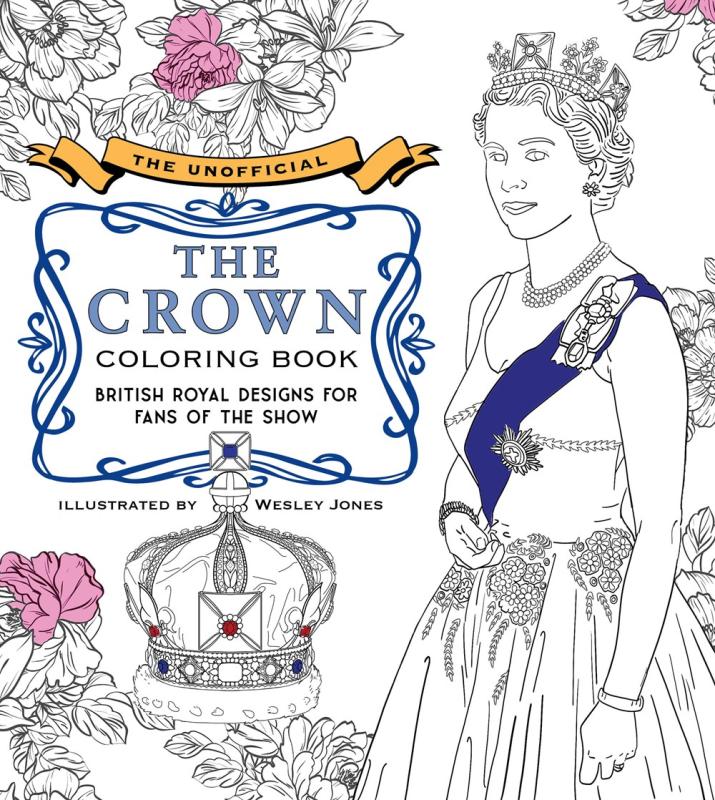 Line art of the queen amidst the crown and other regalia
