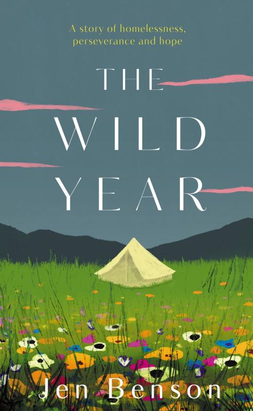 Illustration of a tent in a grassy meadow.